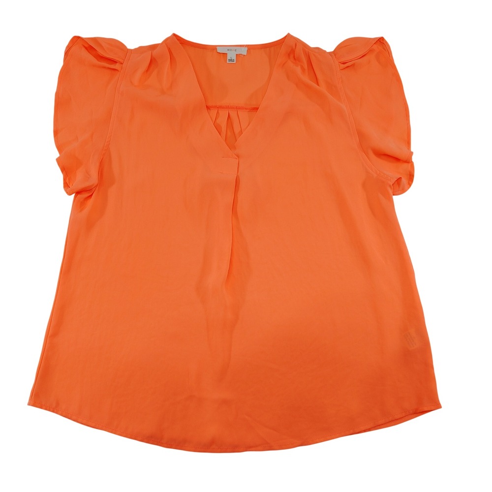 MINE Orange V Neck Short Sleeve Pleated Blouse Top‎ Women's Size L NWOT